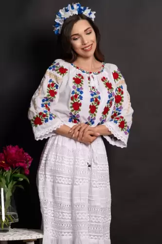 Ie dama alba din bumbac Anabela cu broderie florala