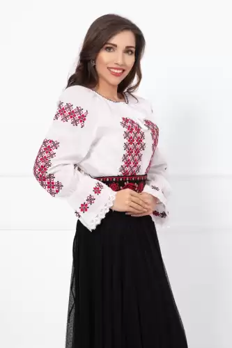 Ie traditionala alba din bumbac cu broderie rosu-negru