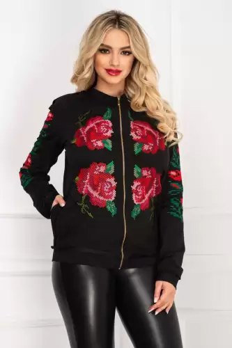 Jacheta neagra din bumbac cu broderie colorata traditionala