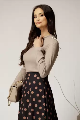 Maleta DY Fashion din tricot bej cu guler si nasturi decorativi