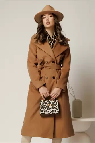 Palton Cristina midi maro cu croi drept si cordon in talie