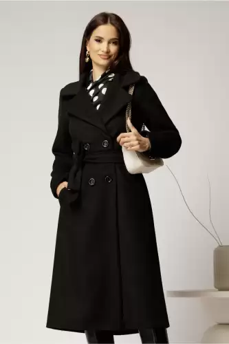 Palton Cristina midi negru cu croi drept si cordon in talie