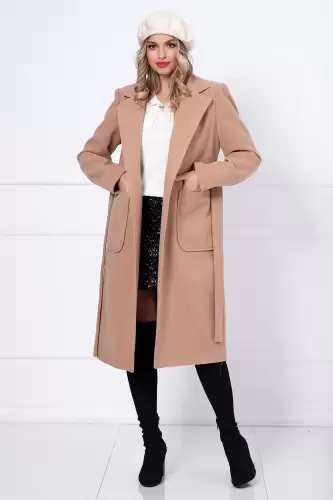 Palton dama camel lung Adelina cu buzunare maxi