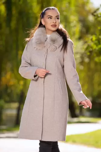 Palton dama elegant bej Anais din stofa cu guler din blana