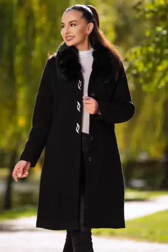 Palton dama elegant negru Anais din stofa cu guler din blana