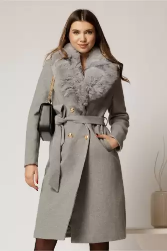 Palton dama gri cu cordon in talie si blanita detasabila