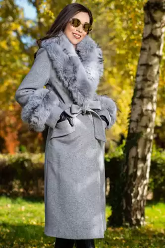 Palton dama gri elegant Fabiola din stofa cu guler din blana