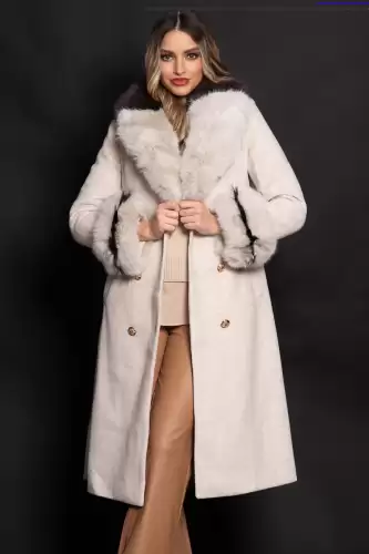 Palton dama lung elegant Aleksandra din stofa bej cu blana eco