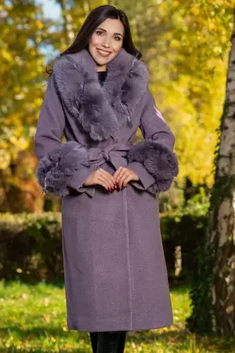 Palton dama mov elegant Fabiola din stofa cu guler din blana