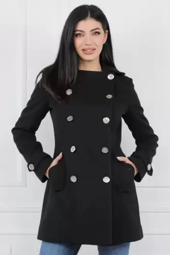 Palton dama negru cambrat prevazut cu doua randuri de nasturi metalici
