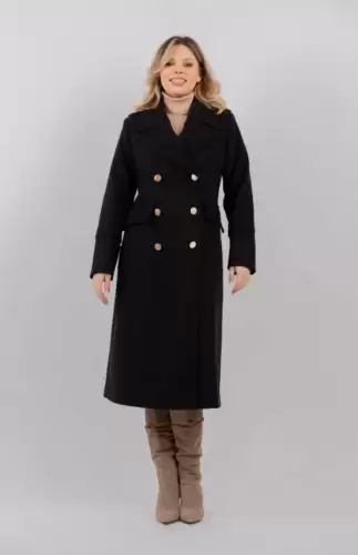 Palton dama negru cu nasturi pretiosi si buzunare laterale cu clapeta
