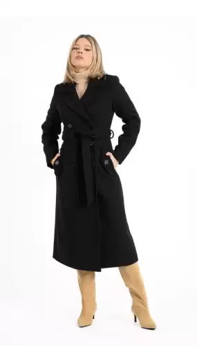 Palton dama negru lung cu doua randuri de nasturi si slit la spate