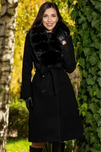 Palton dama negru lung Flavia elegant cu blana la guler