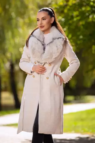 Palton din stofa bej matlasat Amarah cu blana ecologica