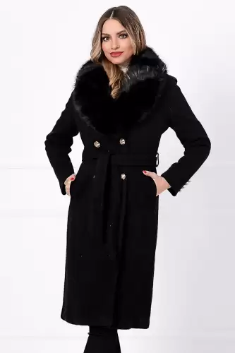 Palton din stofa negru matlasat Amarah cu blana ecologica