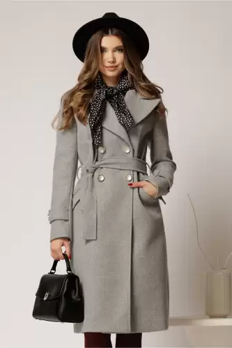 Palton drept gri cu nasturi si cordon in talie