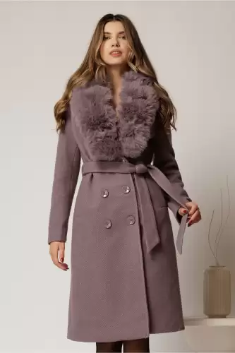 Palton lila midi drept cu blanita la guler