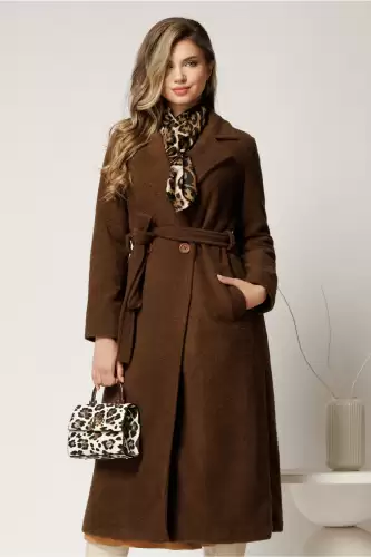 Palton maro din bucle cu croi drept si cordon in talie