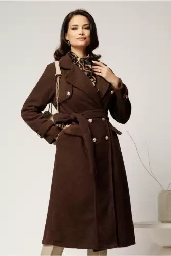 Palton maro din bucle cu nasturi si cordon in talie