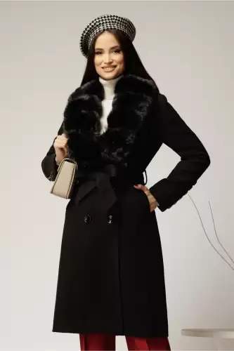 Palton negru midi drept cu blanita la guler