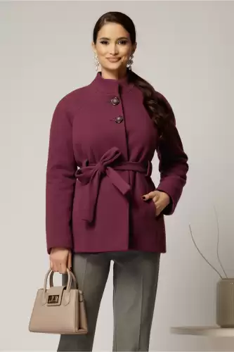 Palton scurt mov din stofa groasa cu cordon in talie