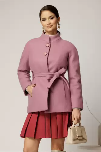 Palton scurt roze din stofa groasa cu cordon in talie