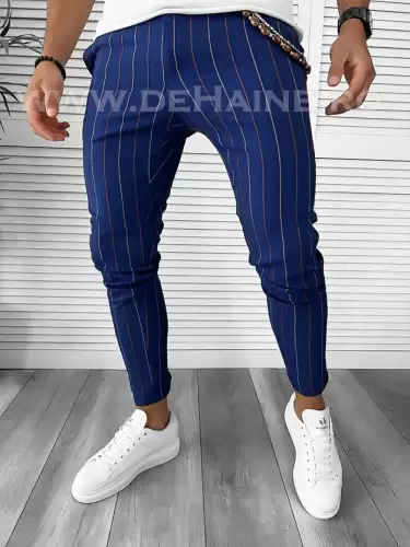 Pantaloni barbati casual regular fit bleumarin in dungi B7871 S3-1