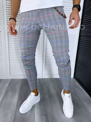 Pantaloni barbati casual regular fit gri in carouri B1561 B6-5.2 / 19-1 E ~