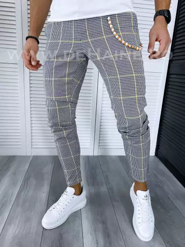 Pantaloni barbati casual regular fit gri in carouri B1703 O2-3.2