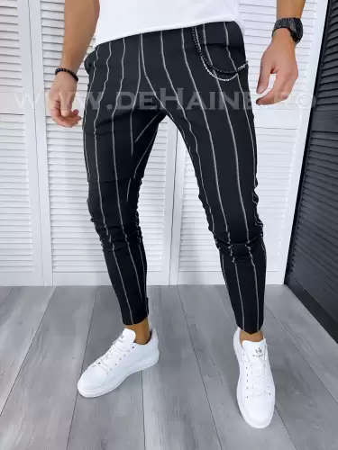 Pantaloni barbati casual regular fit negri in dungi B1301 I5-2.3