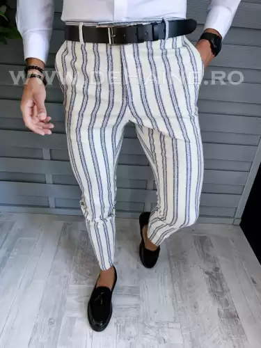 Pantaloni barbati eleganti bej cu dungi B1594 S1 B7-1