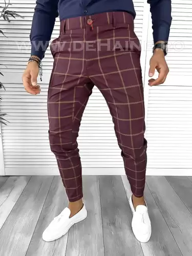 Pantaloni barbati eleganti grena in carouri B1761  P19-7