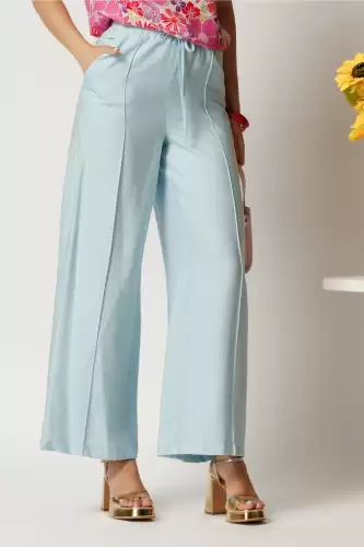 Pantaloni bleu din rayon cu croi lejer si elastic in talie