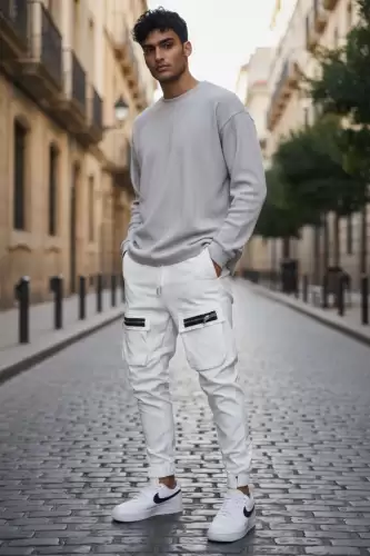 Pantaloni de trening cargo alb conici Y103 O2-5.3