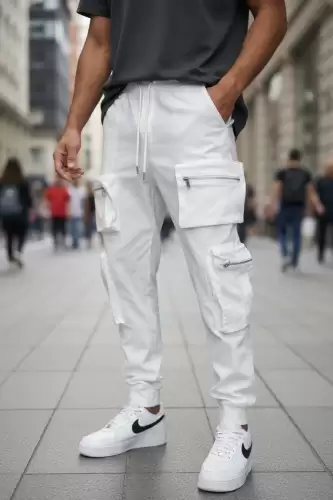 Pantaloni de trening cargo albi conici Y308 P20-4.1