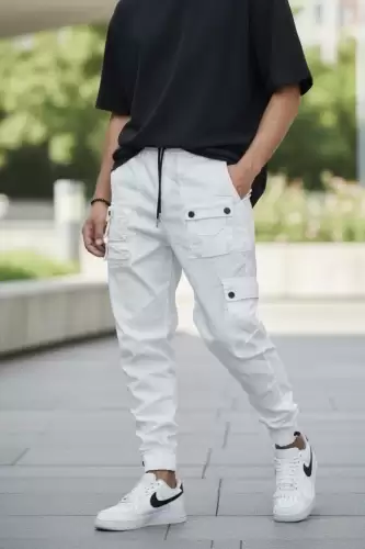 Pantaloni de trening cargo  albi  conici Y310 119-4