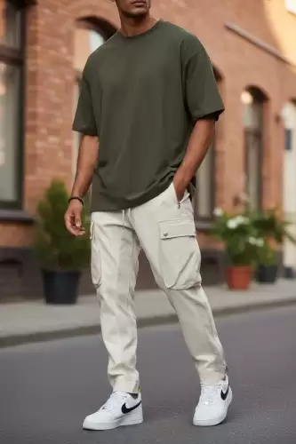 Pantaloni de trening cargo bej conici Y196 O5-4.2