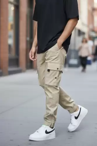 Pantaloni de trening cargo bej conici Y307 P19-5.2