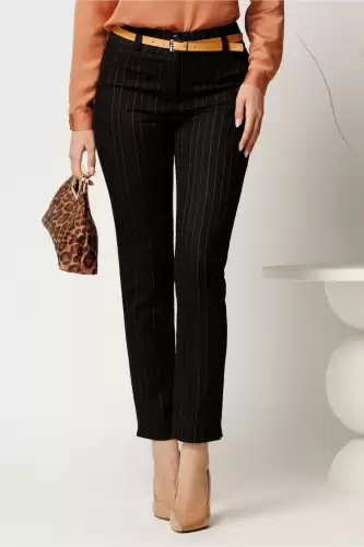 Pantaloni din stofa office negri cu dungi si curea in talie