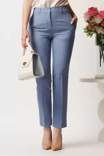 Pantaloni DY Fashion albastri din stofa conici cu dunga si buzunare