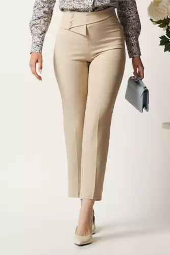 Pantaloni DY Fashion bej din stofa conici cu talie inalta si betelie petrecuta