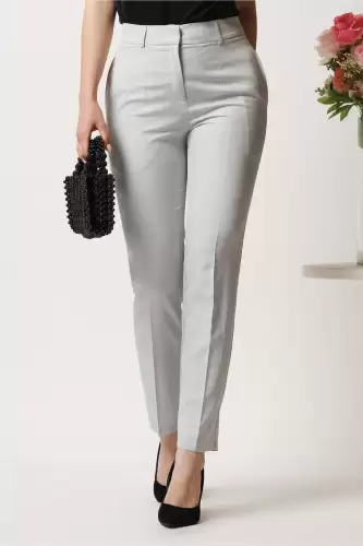 Pantaloni DY Fashion gri din stofa conici cu dunga si buzunare