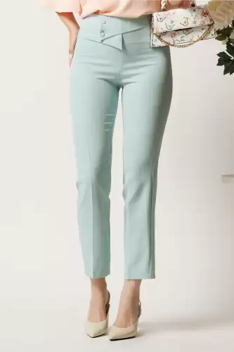 Pantaloni DY Fashion verde mint din stofa conici cu talie inalta si betelie petrecuta