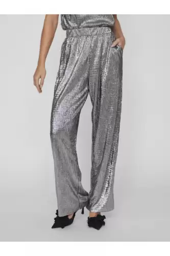 Pantaloni eleganti argintii cu croiala lejera plisati