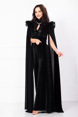 Pantaloni eleganti evazati din catifea cu dantela si paiete pe lateral