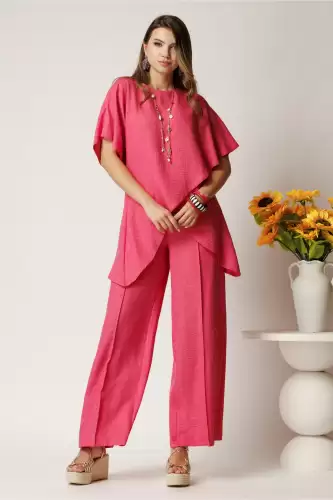 Pantaloni fucsia din rayon cu croi lejer si elastic in talie