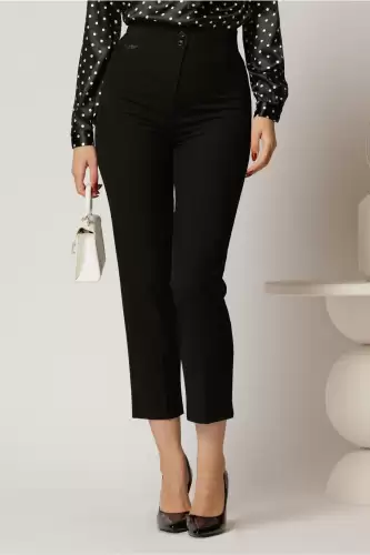 Pantaloni negri din stofa cu insertii de piele