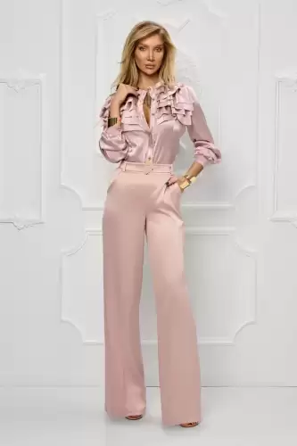 Pantaloni roz din tafta cu talie inalta elastica si centura detasabila