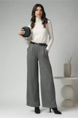 Pantaloni smart casual din stofa gri cu strasuri si curea in talie