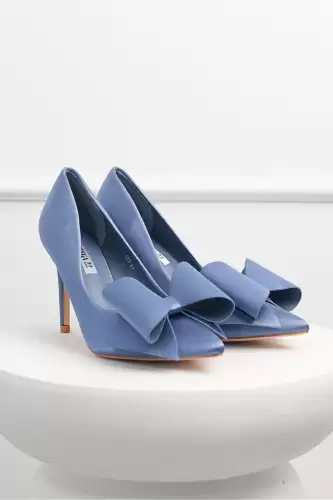 Pantofi albastri din material satinat cu funda maxi pe varf